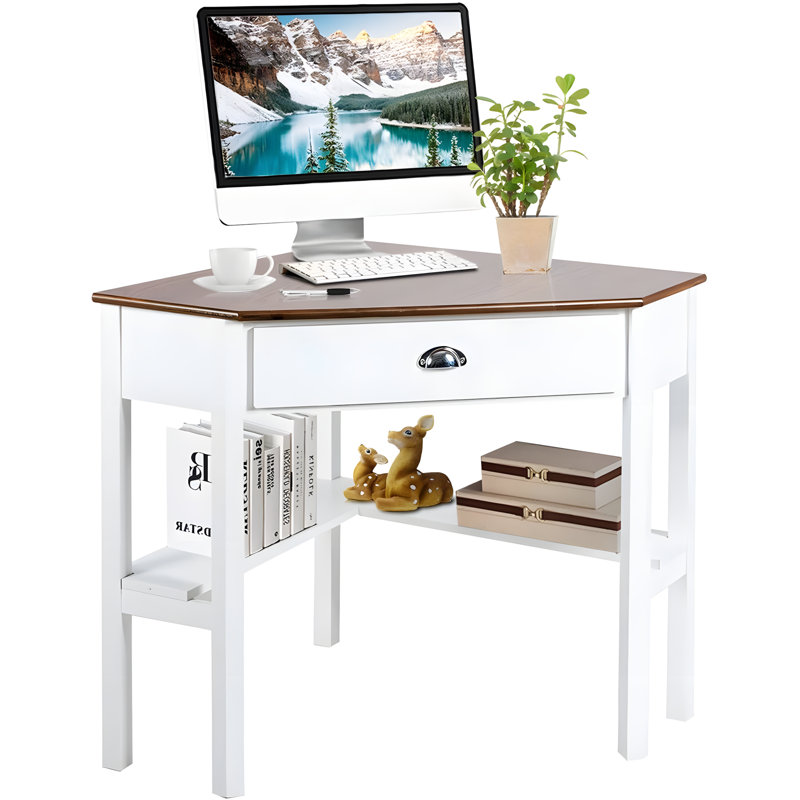 Space-Saving Corner Desk With Drawer And Storage Shelves, Compact Triangle Computer Desk For Home Office Or Bedroom
