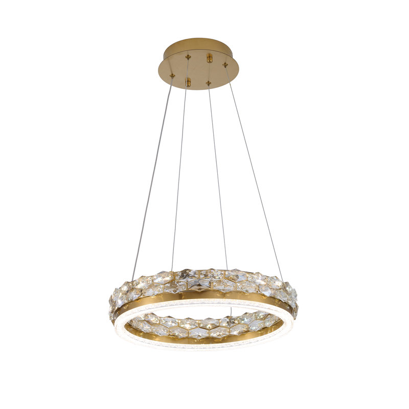 Luminaire suspendu en laiton 1 lumière DEL avec détails en cristal, 16", Laiton, 30 W