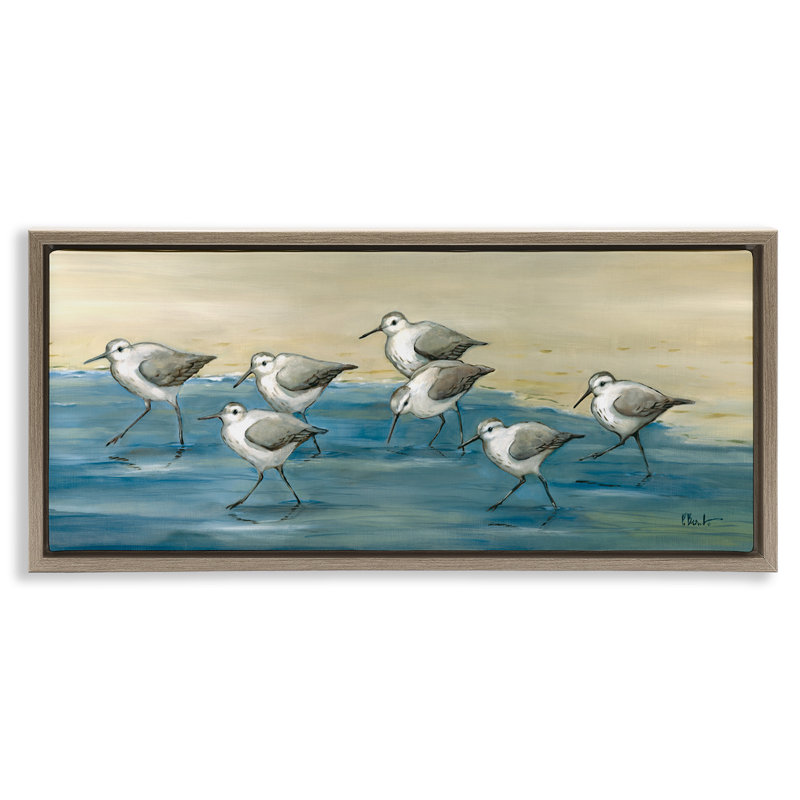 «Sandpiper Bird Flock Beach Shoreline Brown Grain» par Paul Brent, Cadre flottant orme Montalcino, H 11 po x l 25 po