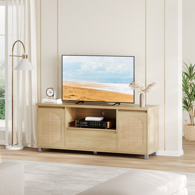 Boho Rattan Coffee Table - Versatile Accent Table for Living Room or Bedroom - Fluted Doors - Storage Drawer & Adjustable Shelves - Color: Wood color, Size: 160 cm