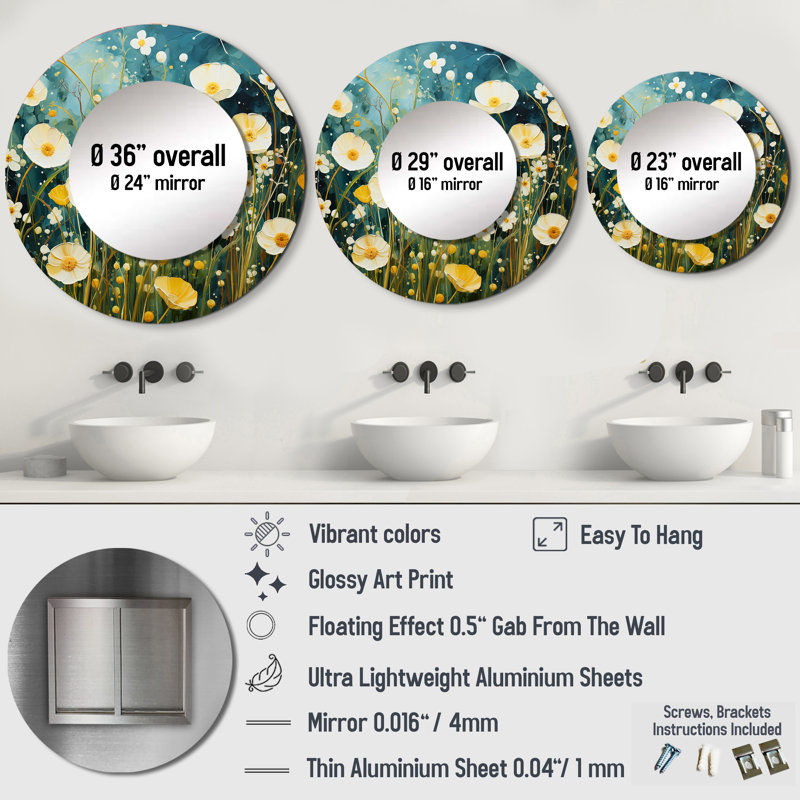 Teal blanc Buttercups Buttercup Meadow - miroir décoratif décoratif Buttercups, miroir bleu sarcelle, impression sur métal