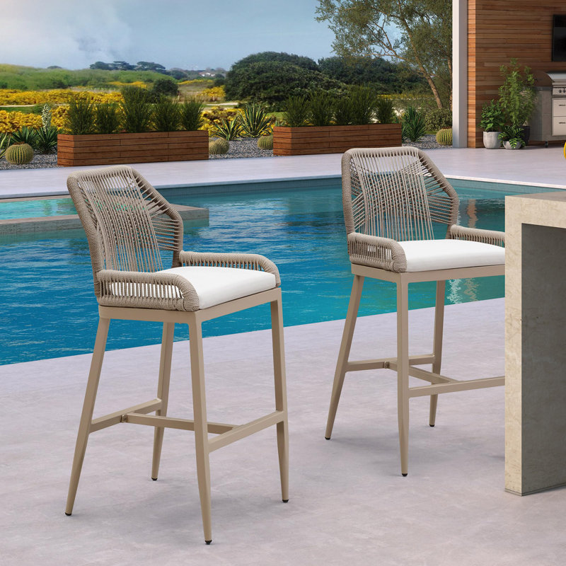 Purple Leaf Patio Upcycled Fabric Bar Stools 28" H Set Of 2 Handwoven Wicker Bar Height Stool Modern Aluminum High Bar Chairs Outdoor Wicker Barstools With Back And Cushion For Kitchen Pool Island