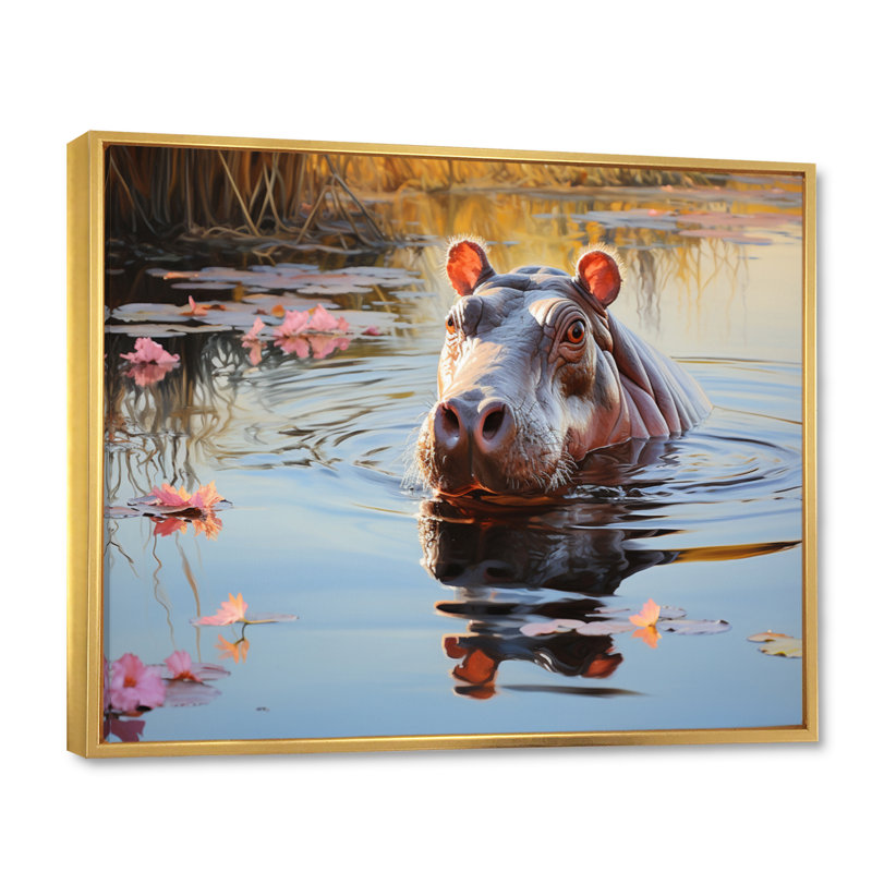 Hippopotamus Mighty Hippo Pastoral - Animals Wall Decor, H 24 po x l 32 po x P 1 po, Cadre flottant doré