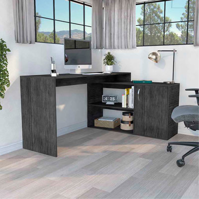 Bureau d'ordinateur moderne en L avec rangement ouvert et fermé
