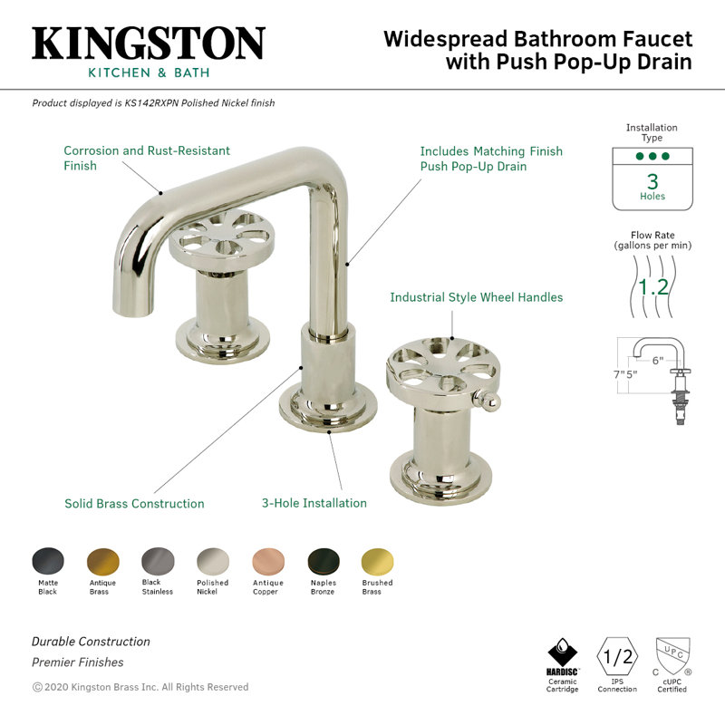Kingston Brass Belknap Two-Handle 3-Hole Deck Mount Widespread Bathroom Faucet with Push Pop-Up Drain, Naples Bronze