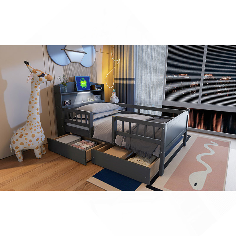 Lit plateforme simple en bois avec éclairage à DEL intégré, tête de lit multifonctionnelle, garde-corps et 2 tiroirs, Gris