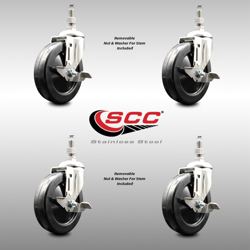 316SS Soft Rubber Wheel Swivel Threaded Stem Caster Set Brake