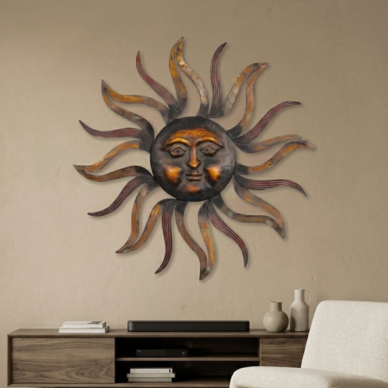 Metal Sun Home Wall Decor with Distressed Copper Like Finish
