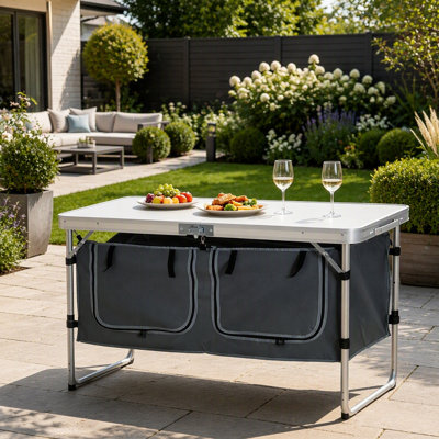Table de pêche et de camping pliable en aluminium avec hauteur réglable et boîte de rangement pour les activités de plein air