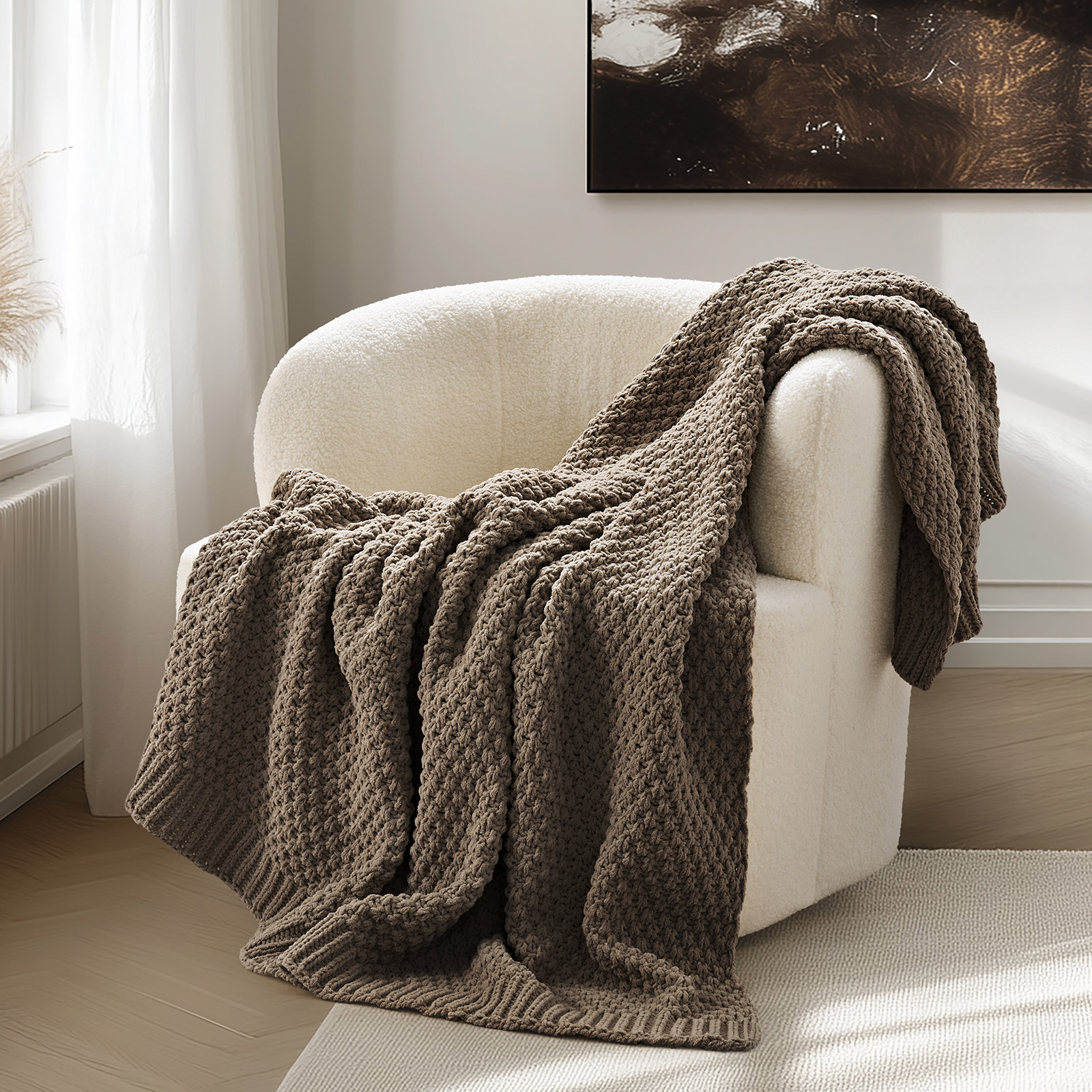 Chunky Chenille Knit Throw Blanket, 80" L x 60" W, Mocha Brown