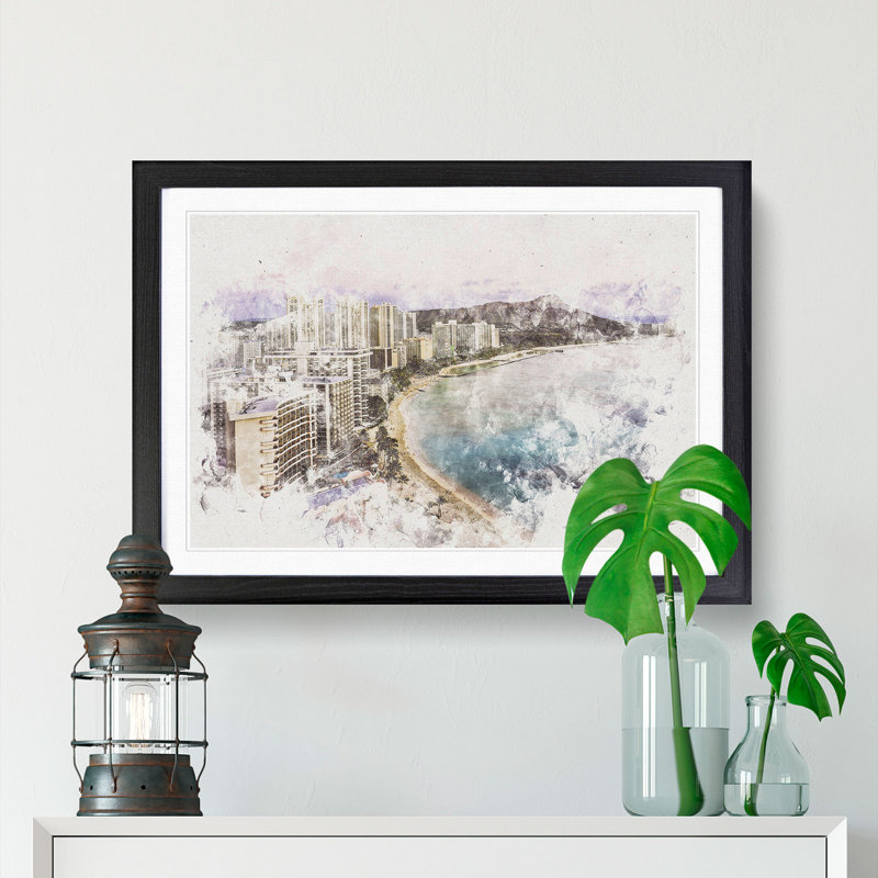 Dusk View Of Waikiki Beach - Single Picture Frame Painting on MDF, Black Framed, 36cm H x 48cm W x 2cm D