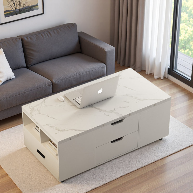 Table basse relevable moderne avec 2 tabourets, rangement caché, tiroirs et table pliante