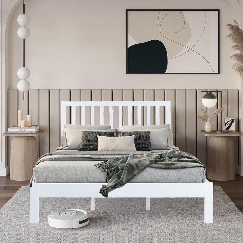 Base de lit grand format avec lattes en bois d'acacia, profil bas, assemblage facile, Blanc