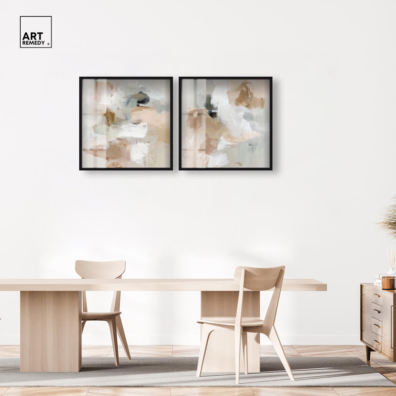 Ensemble décoratif mural bohème « Blended Forms Duo Shadowbox Print Gold » par Art Remedy, cadre noir, 12 x 12, 31" H x 31" W