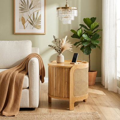 Modern Round End Table Rotating Coffee Table with Rattan & Hidden Storage