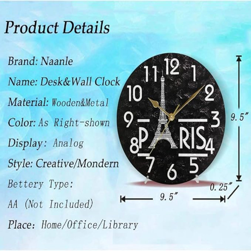 Horloge murale Naanle Chic Eiffel Tower Paris, horloge de bureau à quartz analogique à pile de 9,5 pouces pour la maison, la cuisine, le bureau et l'école