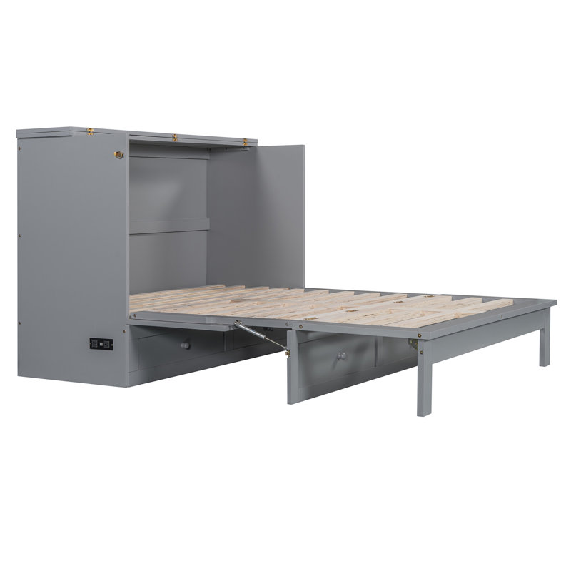 Lit escamotable avec tiroir et station de charge, Gris, Double