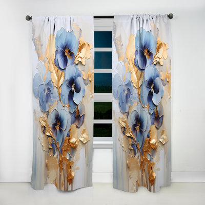 Elegant Gold And Blue Pansy Petals III - Traditional Curtain - Velvet Room Darkening - 1 panel