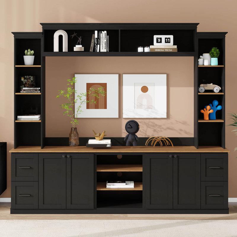 Meuble audio-vidéo mural avec tablettes pour téléviseurs jusqu'à 70 po, meuble télé avec tablettes réglables en noyer, tiroirs