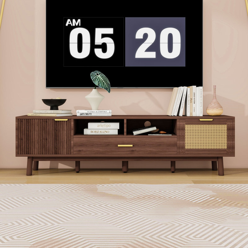 Meuble télé moderne pour téléviseur de 75 po ou moins avec armoire de rangement, portes à fermeture en douceur et rangement rabattable