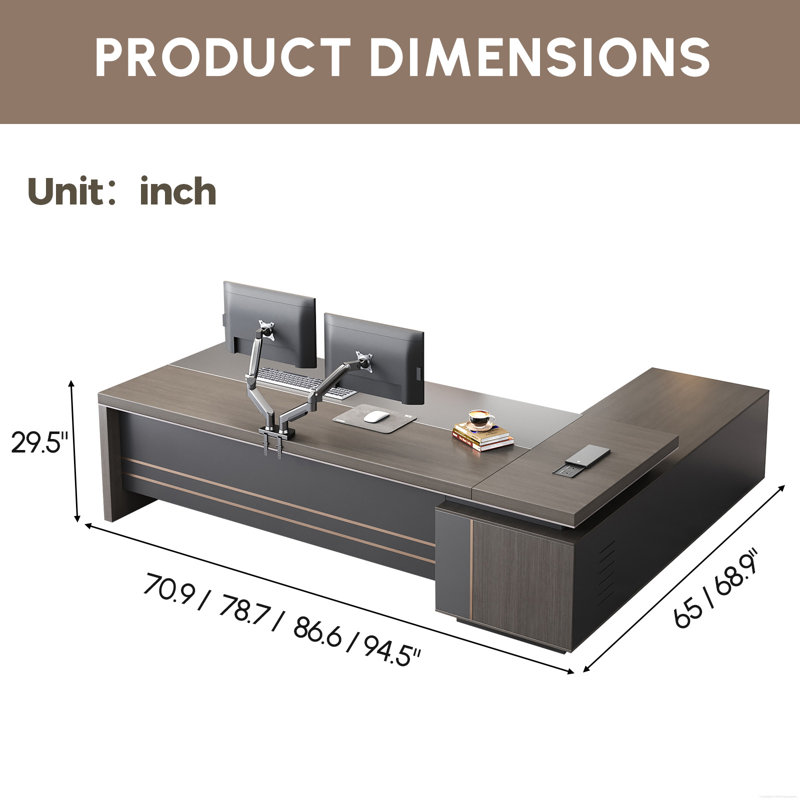 Bureau de direction en L avec rangement sécurisé et gestion des câbles intégrée, H 29,53 po x l 78,74 po x P 64,96 po