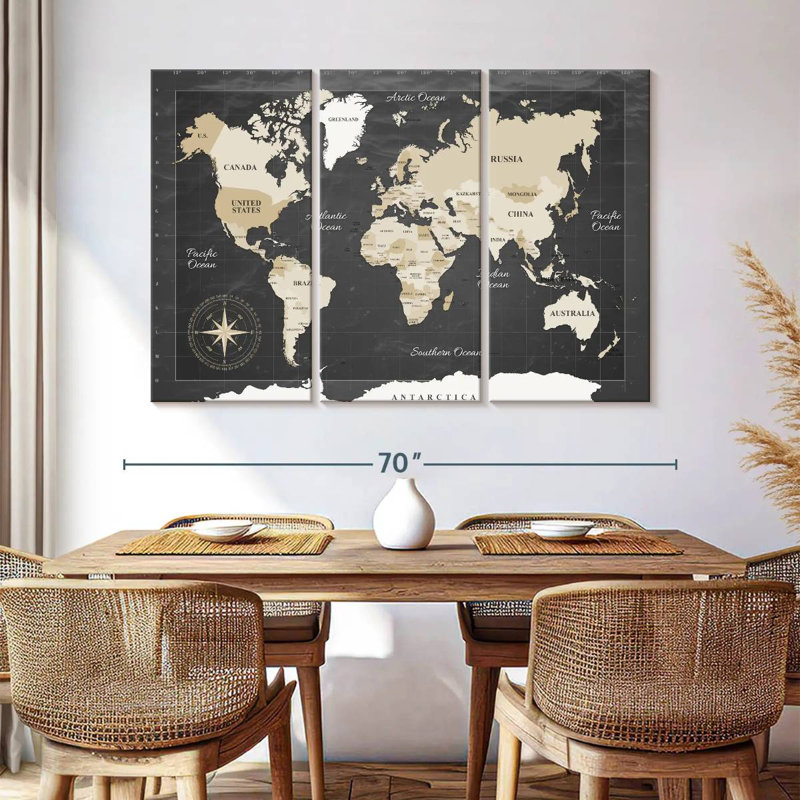 Carte du monde sur toile foncé 3 pièces, H 42 po x l 65 po x P 1,25 po