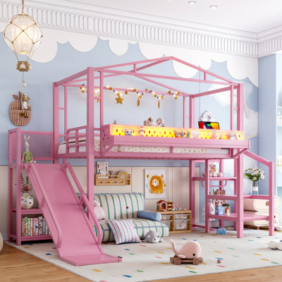 Lit mezzanine simple avec escalier de rangement, tablettes et garde-robe intégrée, structure de lit mezzanine en métal avec ports USB et lumières DEL, conception à bruit réduit, rose