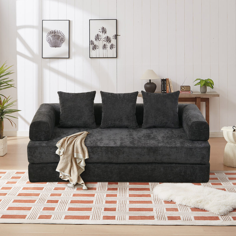 Boneless Isabeau 78.8" Convertible Compression Folding Floor Sofa Bed, Chenille Floor Sofa Lounge Couch With Armrest, Black