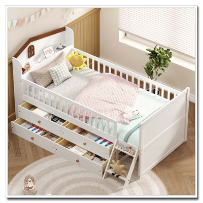 Twin Size Wooden Bed Frame with 4 Storage Drawers, Guardrail & Ladder for Kids, White