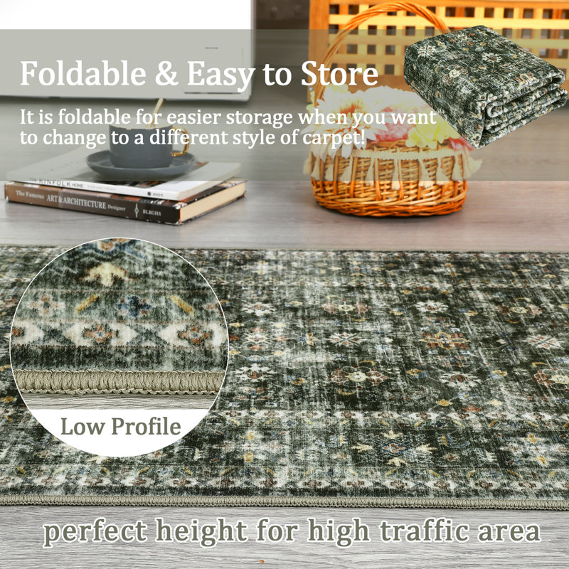 Washable Vintage Floral Printed Area Rug for Living Room Decor Non Slip Low Pile Thin Rugs for Bedroom Decor Entry Rug Stain Resistant Soft Distressed Carpet