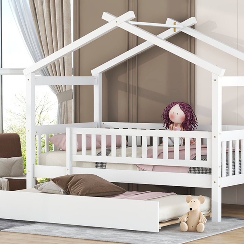 Lit simple en bois avec lit gigogne simple, blanc, lit