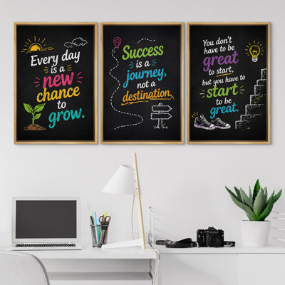Daily Motivation Artwork, Colorful Chalkboard Style Inspirational Quotes Decor, Wall Art Decor Framed On Canvas 3 Pieces Print