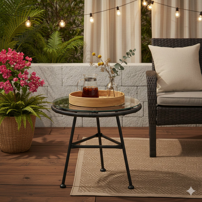 Table d'appoint extérieure Orlando avec une base en faux rotin et un plateau en verre trempé. Une table de bout pour le balcon, le porche ou la terrasse.