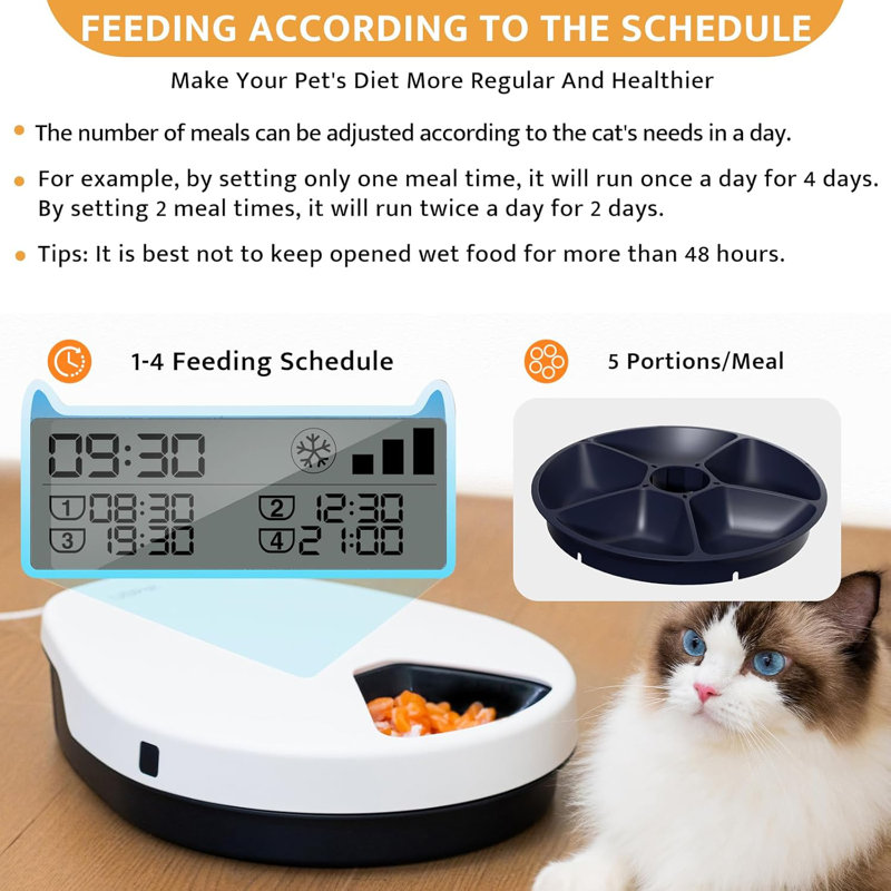 UBPET Automatic Cat Feeder Wet Food with Cooling, Semiconductor Refrigeration, with Timer, 5 Food Compartments for 330g Pet Food Each, Premium Meal Plates, Washable, for Cats, Dogs