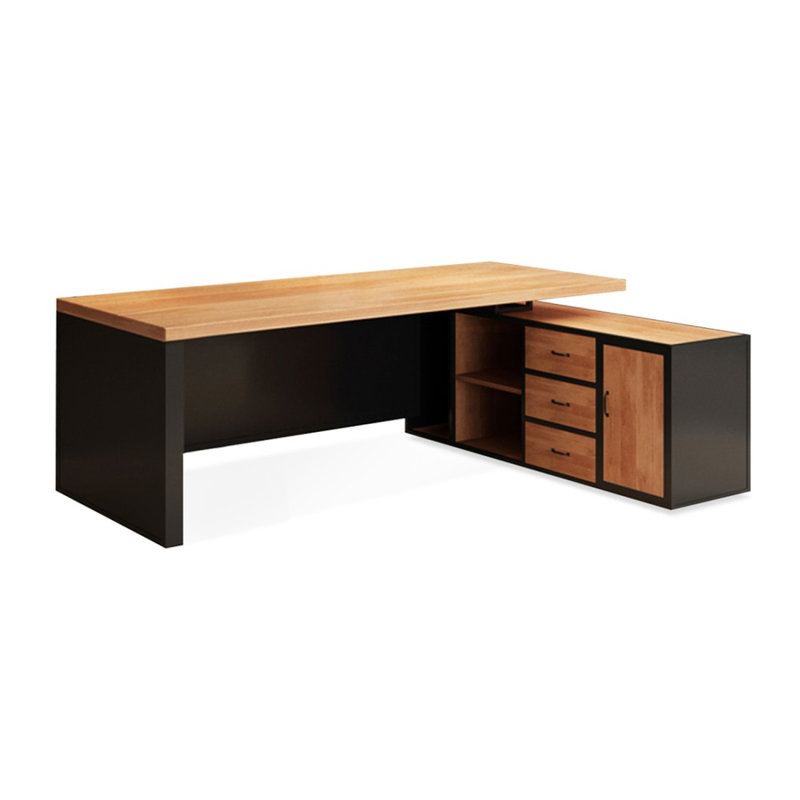 Bureau brun et noir rectangulaire en bois massif + fer avec 3 tiroirs, H 29,53 po x l 86,61 po x P 62,99 po