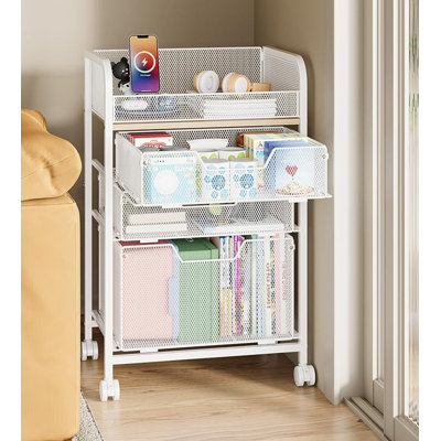 4-Tier Rolling Utility Cart with 3 Drawers-White Craft Organizers and Storage with DIY Dividers, Under Desk Cart with Lockable Wheels, Craft Cart Art Cart for Brushes Artifacts Patent Pending
