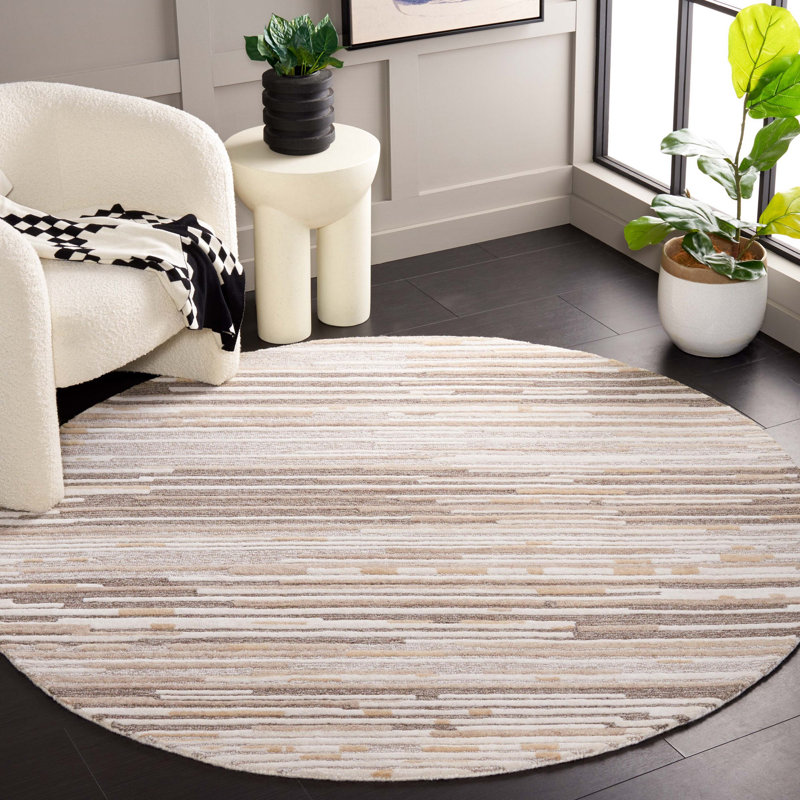 Natural Beige Round Wool and Cotton Hand-Tufted Rug