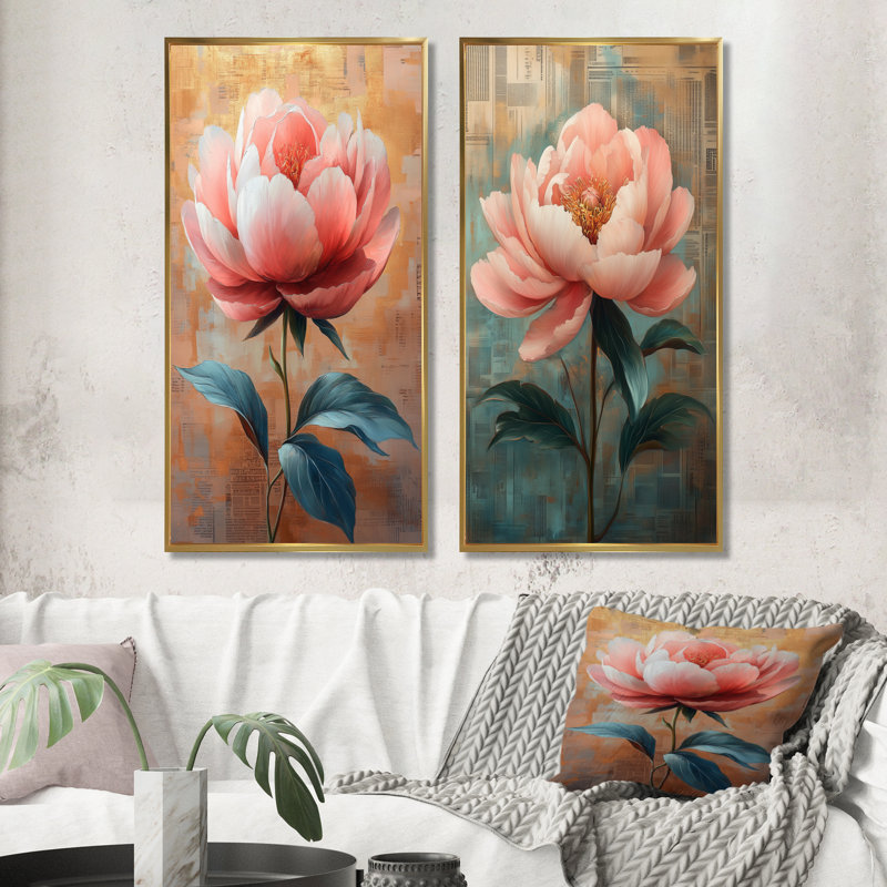  Pivoine Bloom I - ensemble d'art mural pivoine 2 pièces, H 28 po x l 24 po, Cadre flottant doré