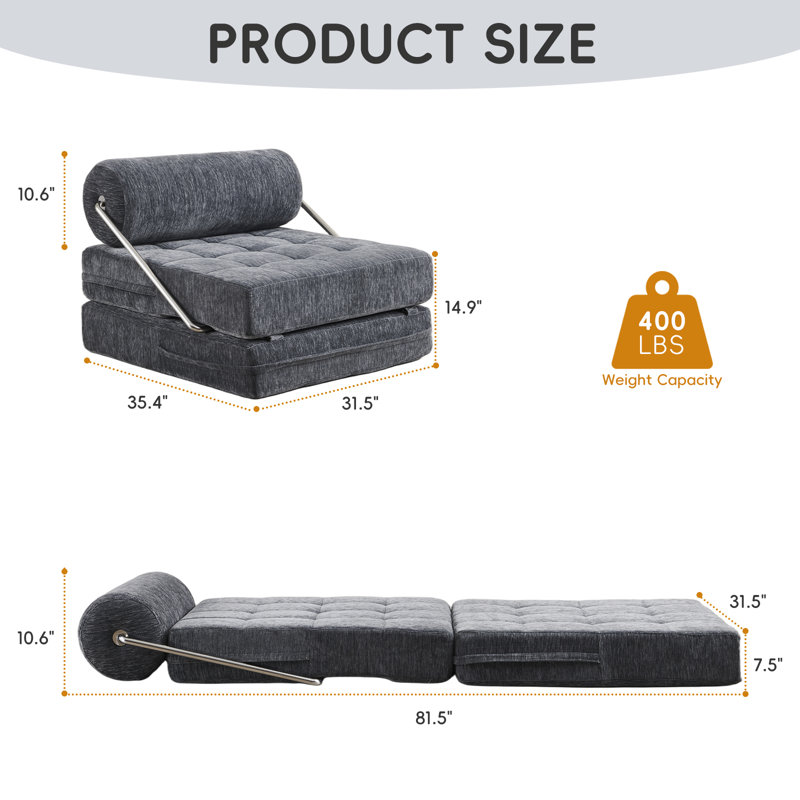 4-in-1 Convertible Sofa Bed, Single Folding Sleeper Chair with Back Support, Soft Chenille Boneless Floor Couch, Small Futon for Living Room, Bedroom, Apartment (Grey)