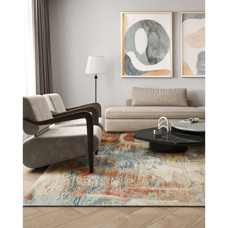 Infinity Power Loomed Wool/Nylon Abstract Area Rug in Ivory/Blue/Terracotta, Rectangle 8' x 10'