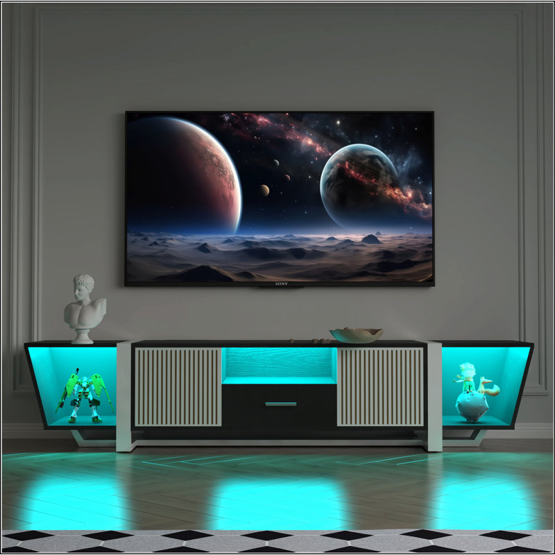Meuble télé avec de grandes armoires de rangement, meuble télé à DEL Biplane avec télécommande, centre de divertissement moderne à lumières multiples avec cordon d'alimentation