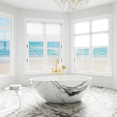 CASAINC 59"x 30.65" Freestanding Solid Surface Soaking Bathtub with Carrara Marble Look ＆ Center Drain, Egg-Shaped