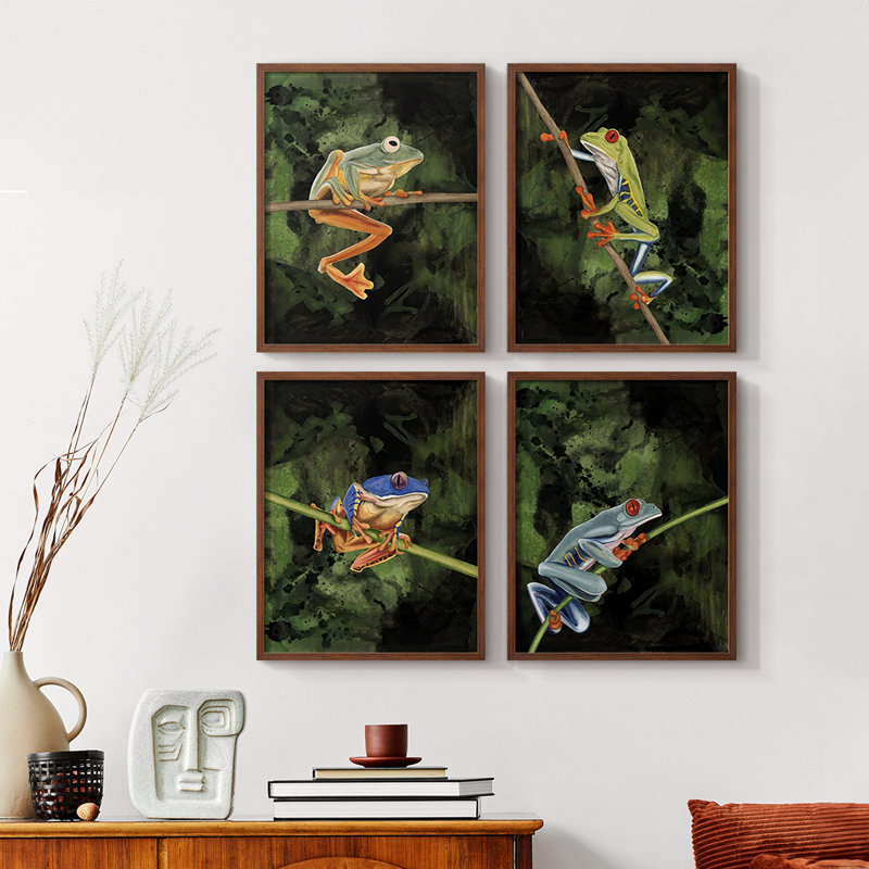 «Watercolor Tree Frogs I», reproduction encadrée, Noyer, H 44 po x l 14 po