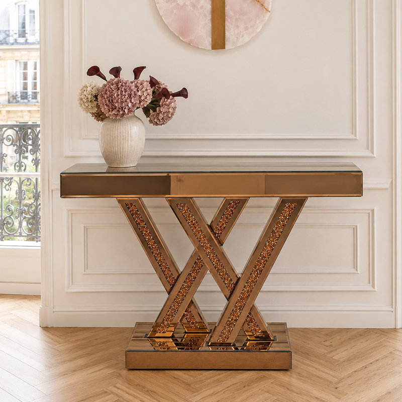 Console de vestibule moderne avec incrustation de diamant concassé et miroir en verre brun pour le vestibule, tables décoratives Glam pour le salon