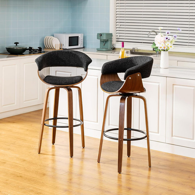  Ensemble de 2 tabourets de bar pivotants de 29,5 po à dossier courbé, tabourets de hauteur de bar avec dossier, repose-pieds, structure en bois cintré massif, noir