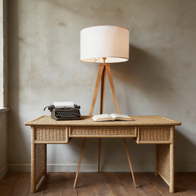 Postmodern Tripod Floor Lamp With Foot Switch, Minimalist Lighting With Faux Wood Grain Finish And White Drum Shade For Ambient, Accent, Or Reading