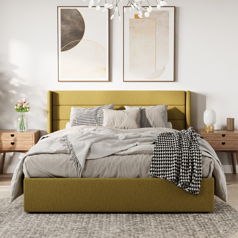 Braya Hydraulic Lift Up Storage Upholstered Platform Bed, Full, Moss Green Linen