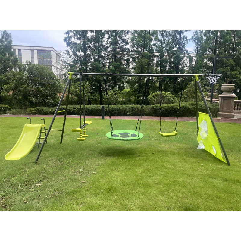 Green Interesting Six Function Swingset With Net Swing Metal Plastic Safe Swing Set 440Lbs For Outdoor Playground For Age 3+ With 31.5In Net Swing