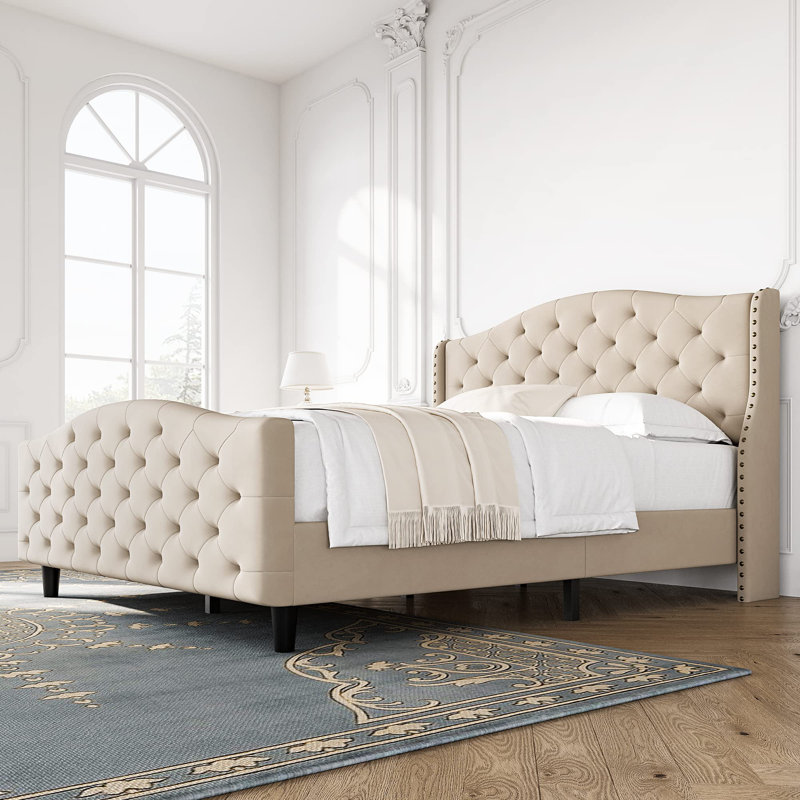 Lit plateforme capitonné Jaquail, Très grand, Beige