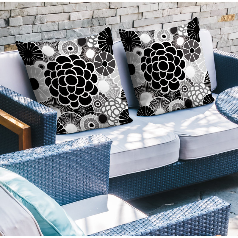 Floral Outdoor Reversible Throw Pillow, 17W" x 17H", Black